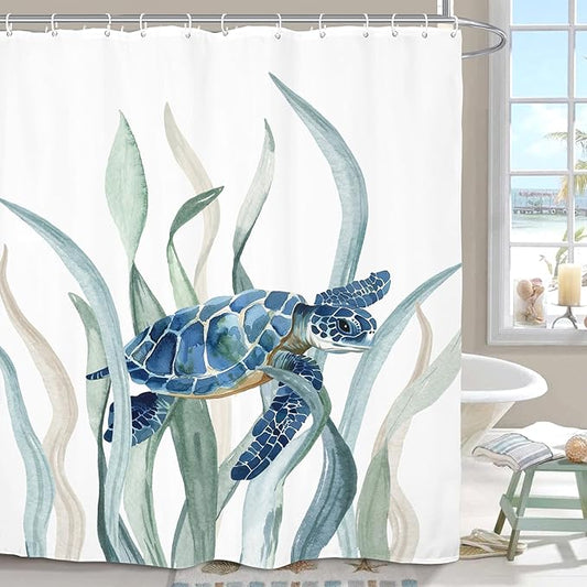 Turtle Seaweed Shower Curtain 60Wx72L Inch Sea Ocean Underwater Undersea Blue Green Watercolor Bathroom Set Accessories Decor with 12 Pack Hooks