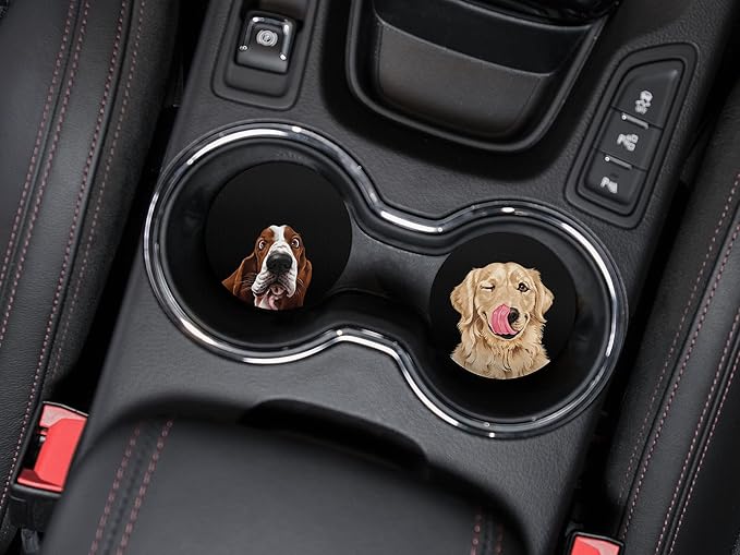 WIRESTER, Cute Basset Hound Dog, Winking Golden Retriever Dog Design Absorbent ROUND Fabric Felt Neoprene Car Coasters for Drinks (2.87 inches), 2pcs Set