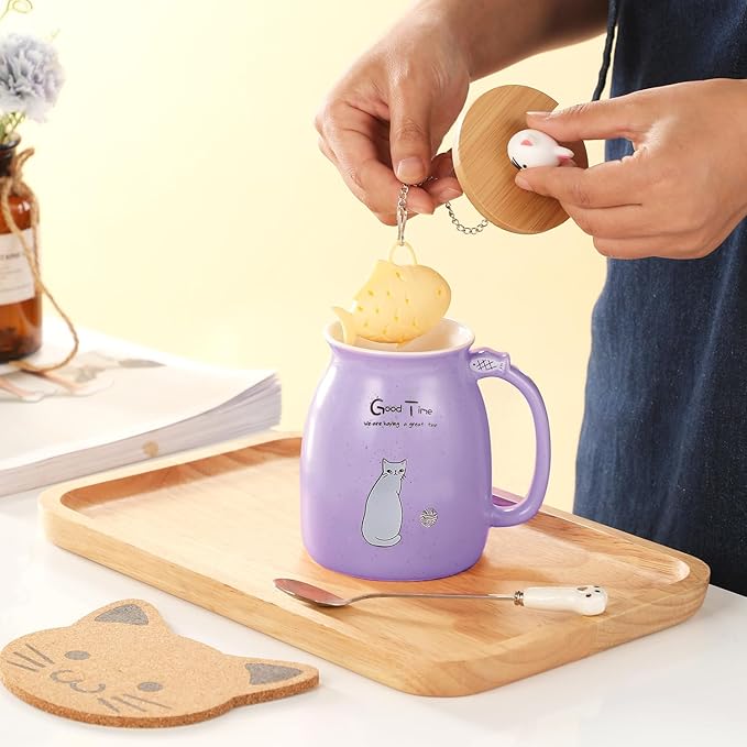 BigNoseDeer Cat Mug Kawaii Tea Cup with Infuser and Lid Purple Cat Ceramic Coffee Mug Cute Cool Preppy Stuff Birthday Gifts for Mom Gifts for Women Girlfriend Girls Cat Lover Gifts(13oz)