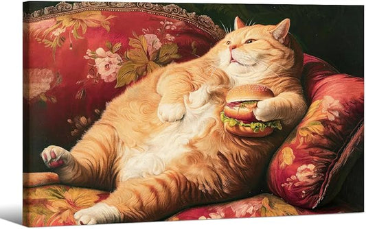 Victorian Renaissance Canvas Poster Funny Fat Cat With Hamburger Wall Art Lying In Sofa Cute Cat Painting Wall Decor 24x36 inch Framed for Animal Lover Gift