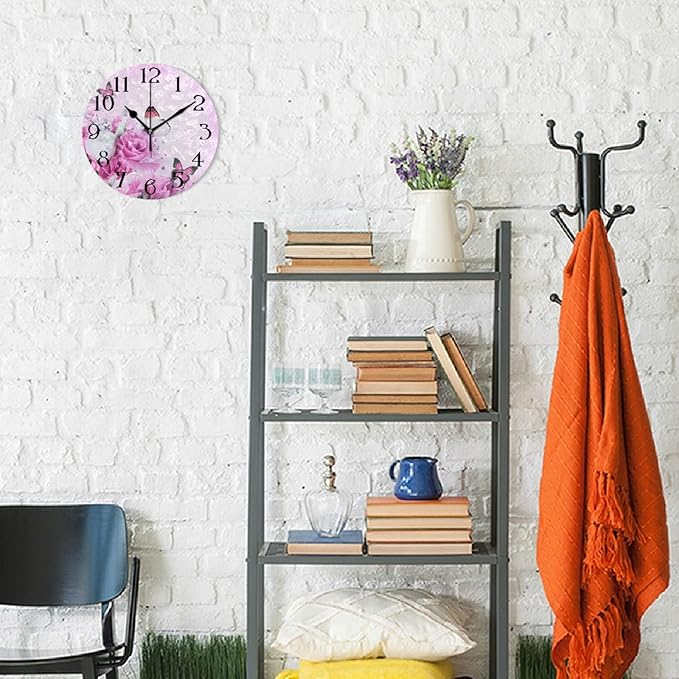 ALAZA Pink Wall Clock Butterfly Clocks Wall Rose Flower Bathroom Clock Battery Operated Non Ticking Silent Clocks Round Clock Living Room Decorative Clock