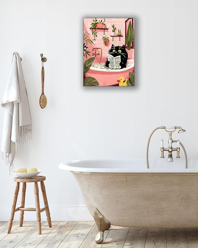 UPWOIGH Bathroom Wall Art Decor, Black Cat Reading the Newspaper Wall Art, Waterproof Wood Framed Canvas Wall Art Animals Abstract Prints, 12"x16" High-end Pictures for Dormitory Kids Room