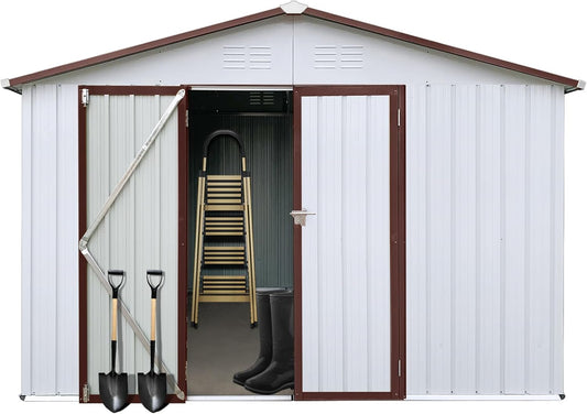 12 x 10 FT Metal Garden Shed, Outdoor Storage Shed with Heavy-Duty Steel Construction, Built-in Punched Vents & Hinged Door, Free Padlock for Secure Backyard, Patio & Garage Storage, White + Coffee