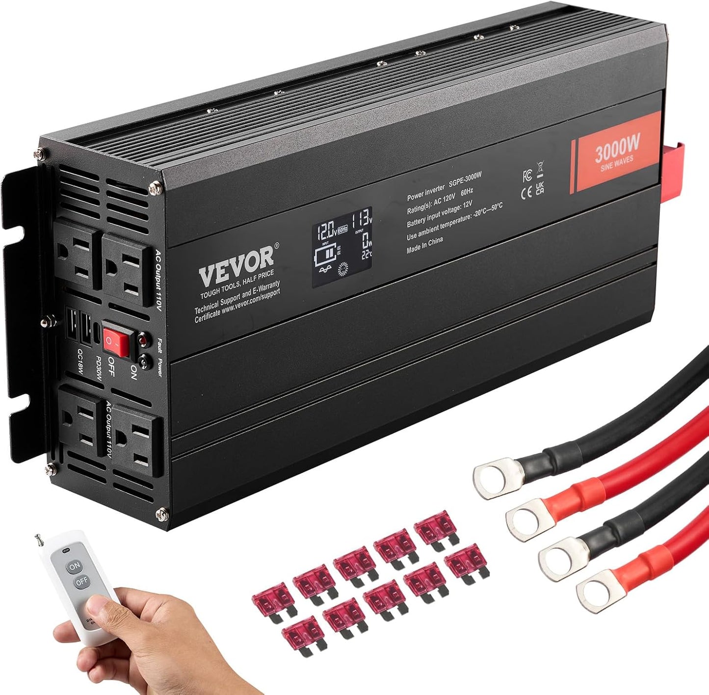 VEVOR Pure Sine Wave Inverter, 3000 Watt, DC 12V to AC 120V Power Inverter with 2 AC Outlets 2 USB Port 1 Type-C Port, LCD Display and Remote Controller for Large Home Appliances, CE FCC Certified