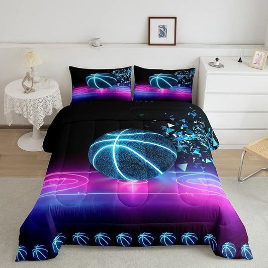 Basketball Comforter Set Twin Size Neon Sport Bedding Set For Kids Boys Girls Teens Blue Purple Gradient Glowing Basketball Down Comforter Room Decor Lightweight 1 Pillow Case Duvet Insert