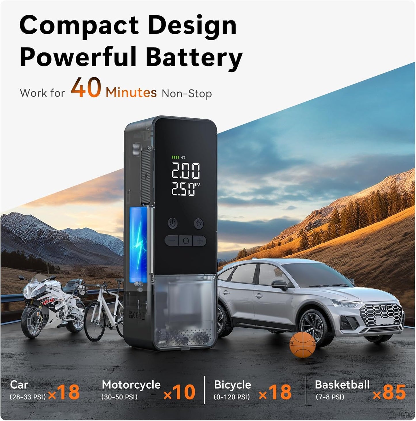 CYCPLUS Tire Inflator Portable Air Compressor - 150PSI Cordless Air Pump with Digital Tire Pressure Gauge, Auto Shut Off, DC/AC 2-in-1 for Car/Motorcycle/E-Bike/Ball