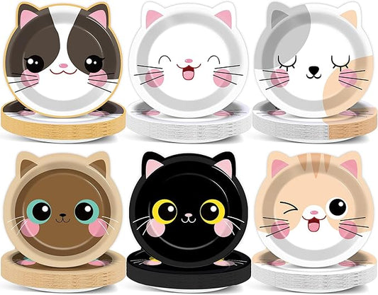 ZOIIWA 48Pcs Cat Theme Birthday Party Supplies Cartoon Kitten Paper Dinner Plates Disposable Cat Shaped Tableware Dinnerware Set for Kids Girls Birthday Baby Shower Party Table Decoration Favors