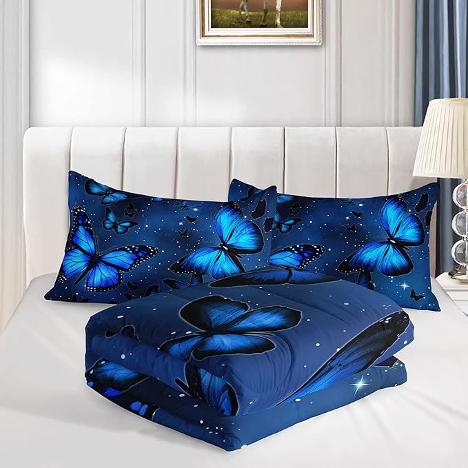 Butterfly Comforter Set for Girls Women - Bright Blue Butterflies in Sky with Stars Printed Bedding Set With 2 Pillowcases (Twin)