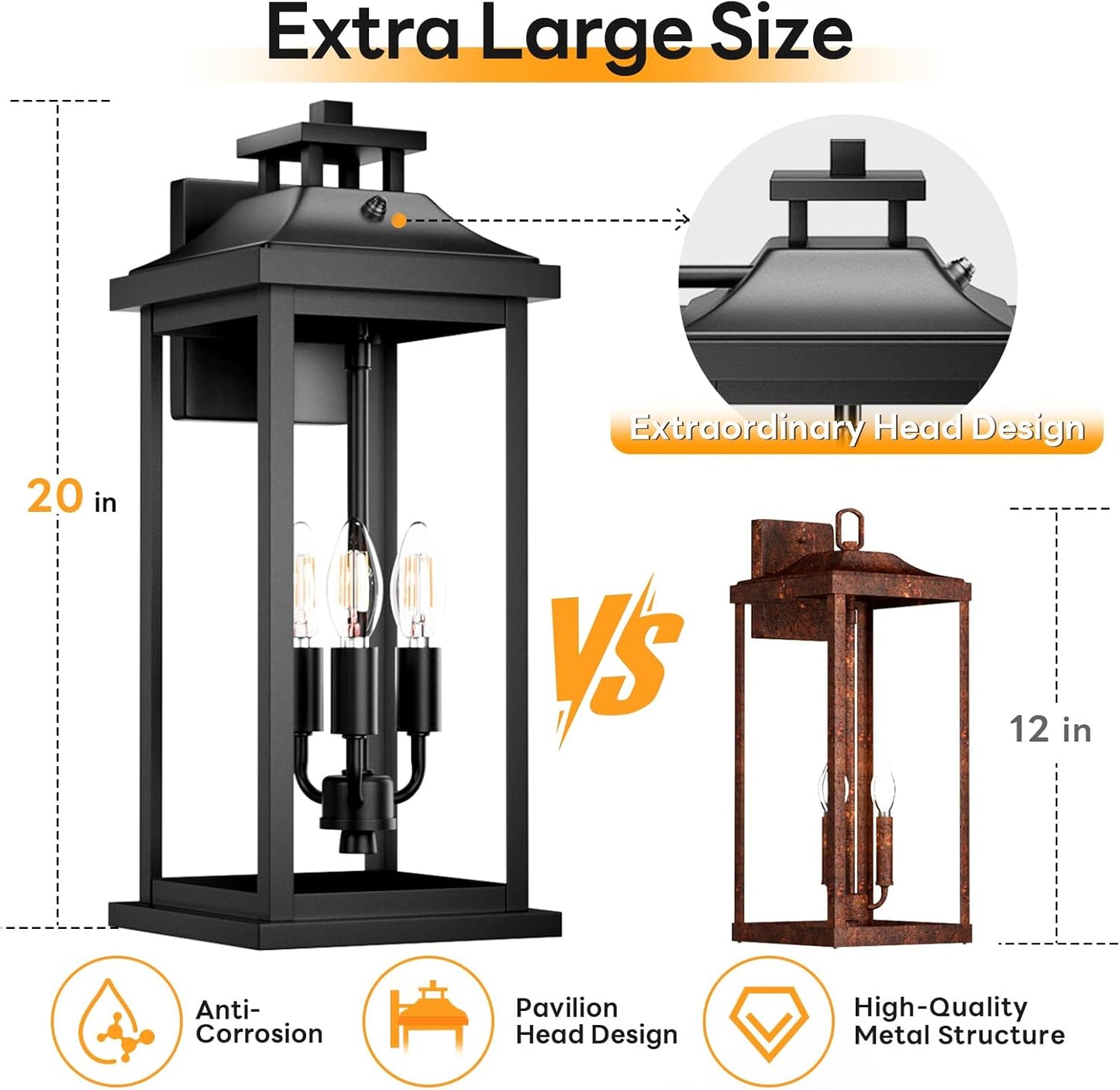 20" Large Dusk to Dawn Exterior Wall Light Fixture 3-Light, Black Outdoor Porch Lantern Wall Mounted, Waterproof Modern Outside Wall Sconce Garage Patio Coach Lamp for House, E12