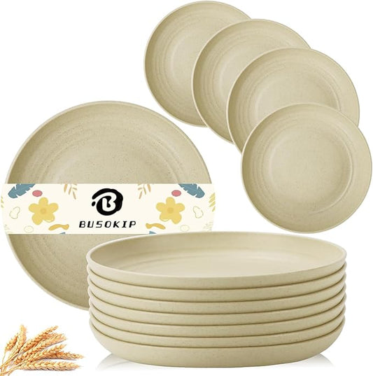 Wheat Straw Dinner Plates, 9 Inch Beige Set of 8, Lightweight Unbreakable Plastic, Microwave & Dishwasher Safe Kids Plates