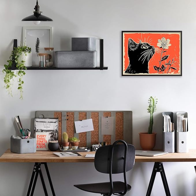 Black Cat Posters Vintage Animal Botanical Wall Art Cute Cat Sniffing Flower Canvas Painting Gift For Cat Lover 16x24 inch Black Framed Living Room Gallery Wall Decor