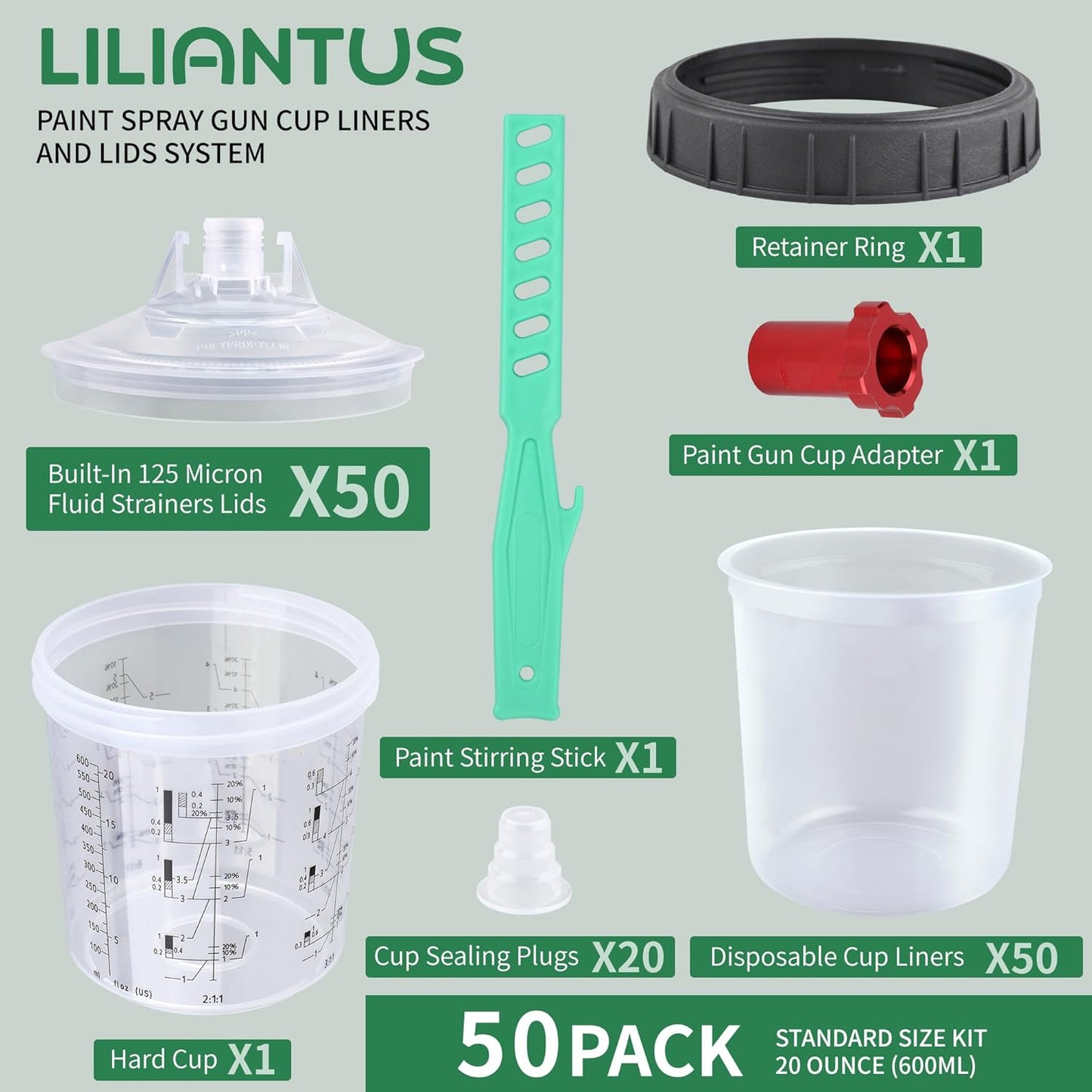 Disposable Paint Spray Gun Cups for Automotive Paint Gun, Paint Mixing Cups 20 Ounce-50 Pack Paint Cups with Lids,1 Hard Cup with Retainer Ring, 1 Cup Adapter, 20 Plugs with 1 Paint Stirrer