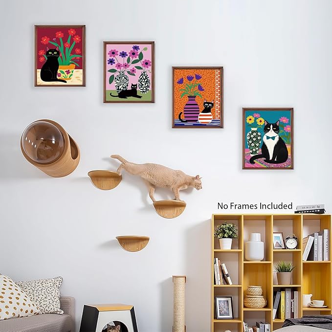 TOCDGOO Fun Black Cat Wall Art Abstract Flower Canvas Posters, Colorful Fashion Flower & Cat Art Prints for Bedroom Bathroom Children's Room Home Decor, Set of 4 Unframed 8x10 Inches