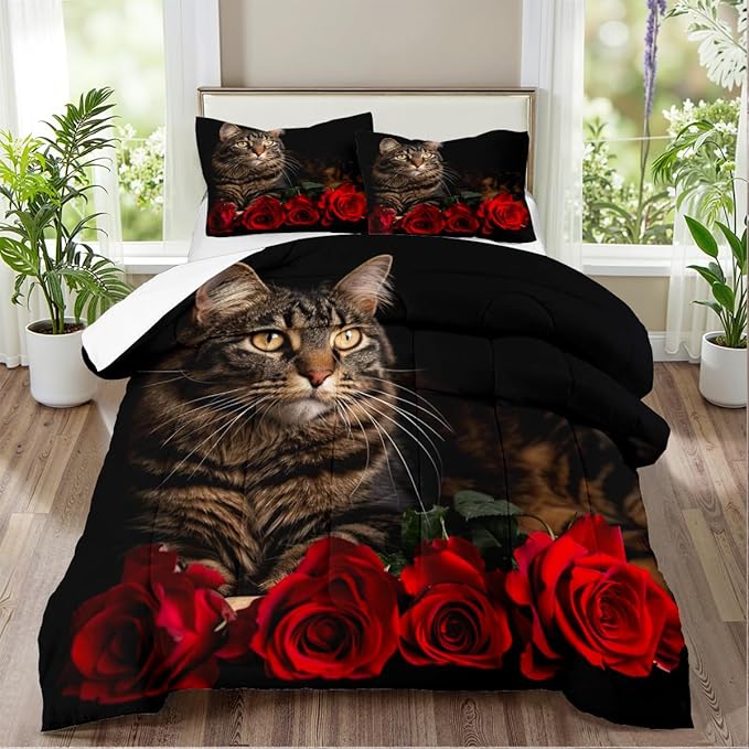 Black Cat Comforter Set Queen Cute Cats Bedding Set for Kids Girls Boys Teen Red Rose Bedding 3Pcs Kawaii Animal Bed Set Soft Down Alternative Comforter Sets with 2 Pillowcases