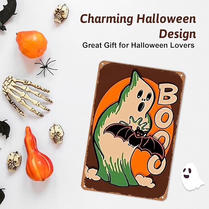 Vintage Decor Gift Halloween Ghost and Bat Boo Jack O Lantern Tin Sign for Home Bedroom Living Room Wall Decor 8 X 12 Inch (3132)