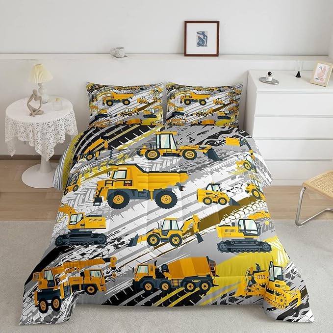 Boys Construction Comforter Set Truck Bedroom Decor for Kids Girls Under Construction Vehicles Down Comforter Nursery Children Cartoon Machinery Truck Excavator Bedding Tractor Cars Duvet Quilt,Twin