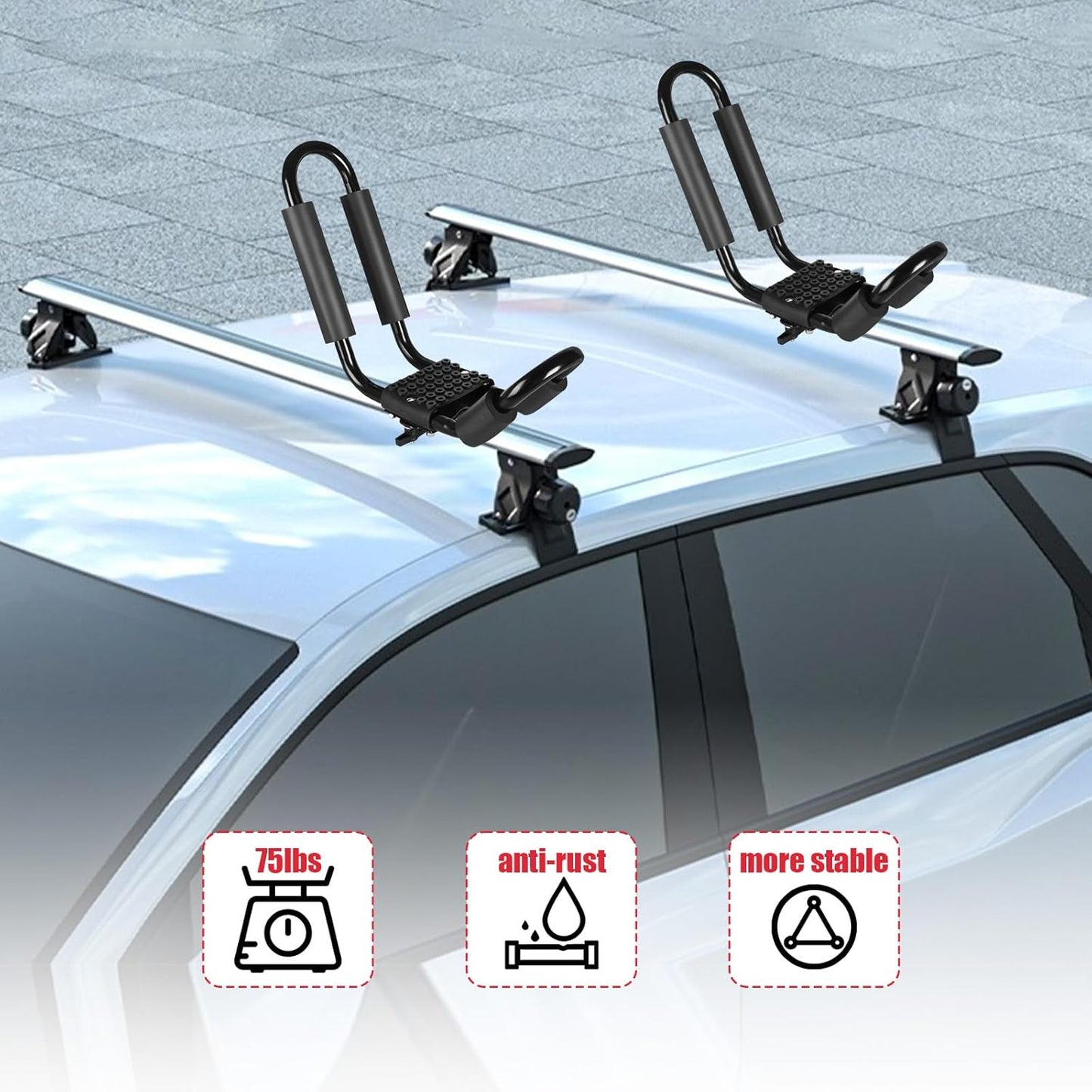 FORWODE Heavy Duty Kayak Roof Rack, 1 Pair J-Bar Kayak Rack with 2 Ratchet Tie, 2 S-Hook Ratchet Straps, 2 Anchor Belts for Kayak Canoe Boat Surf Ski on SUV Car Truck Crossbar