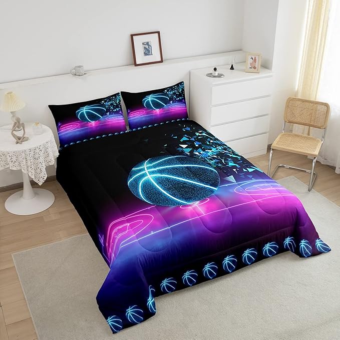 Basketball Comforter Set Queen Size Neon Sport Bedding Set For Kids Boys Girls Teens Blue Purple Gradient Glowing Basketball Down Comforter Room Decor Lightweight 2 pillow cases Duvet Insert