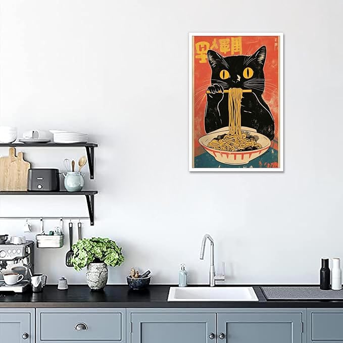 Vintage Cute Black Cat Eats Lamian Noodles Poster Prints Lamian Noodles Canvas Wall Art Cute Black Cat For Home Bedroom Kitchen Dorm Wall Decor 16x24in Unframed