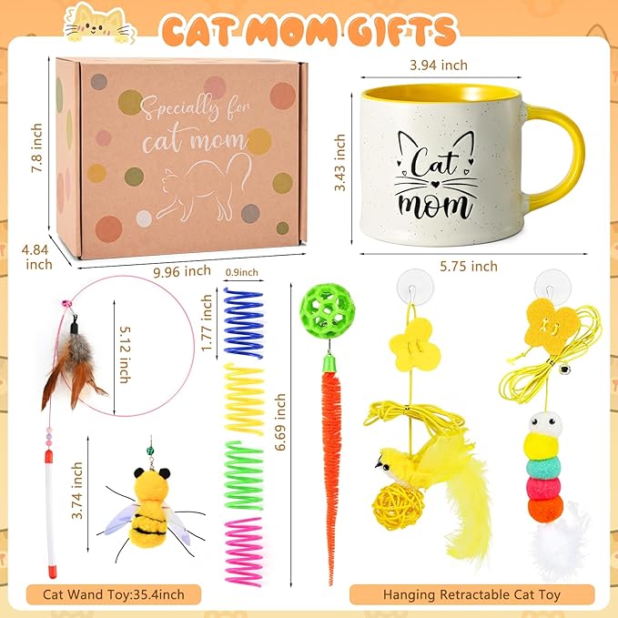 YHRJWN Cat Mom Mothers Day Gifts, Cat Lover Gifts for Women, Christmas Birthday Gift for Mom Wife Daughter Friends, 14 Oz with Toys