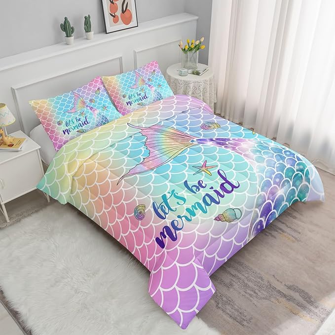 Bedding Comforter Set Rainbow Scales Mermaid Printed Pattern Bedding Set with 1 Comforter and 2 Pillowcases for Girls Bedroom All Season(Rainbow Scales Mermaid Full), Full 80x90inches