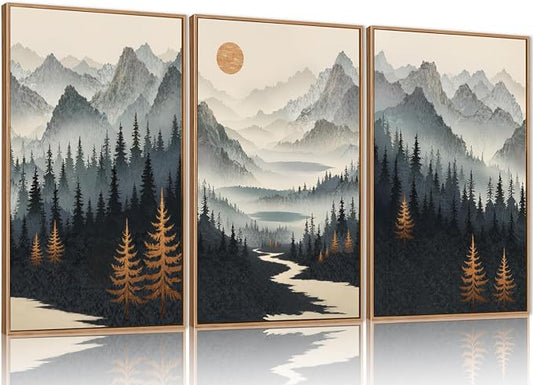 Watercolor Misty Forest Framed Canvas Wall Art Set, Foggy Mountain Wall Decor, Misty Pine Tree Wall Painting, Large Nature Landscape Art Prints for Living Room, Bedroom, Office - 16"X24"X3
