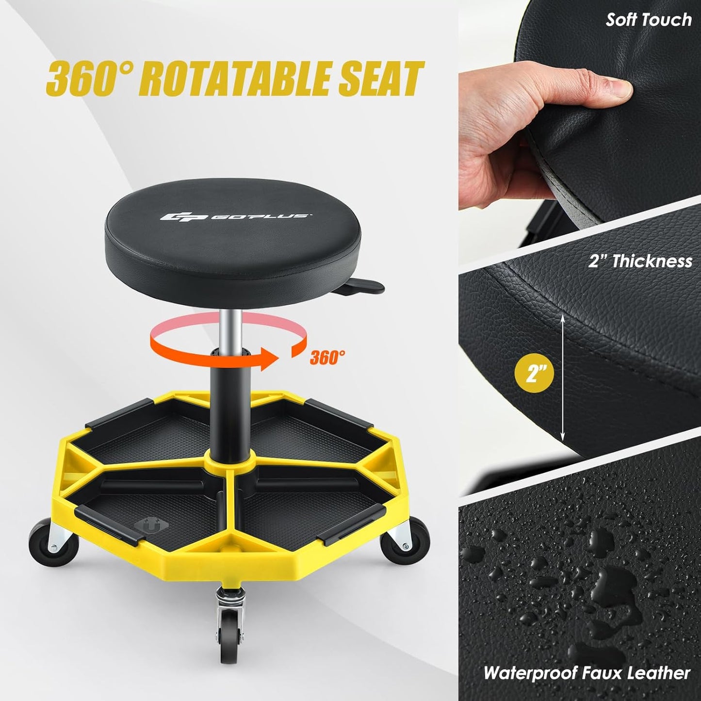 Goplus Mechanic Stool, Rolling Garage Chair with 16”-22” Adjustable Height, Removable Magnetic Tool Tray, 2” Thick Padded Cushion, Universal Wheels, 330LBS, Roller Creeper Seat (Yellow & Black)