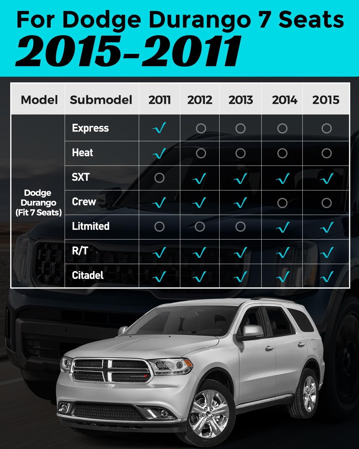 Floor Mats Full Set for Dodge Durango 2011-2015 7 Seats, All Weather Floor Mats Cargo Liner Car Accessories for Dodge Durango 2011-2015, Custom Fit Accessories Rubber Trunk Liner for SUV Cargo