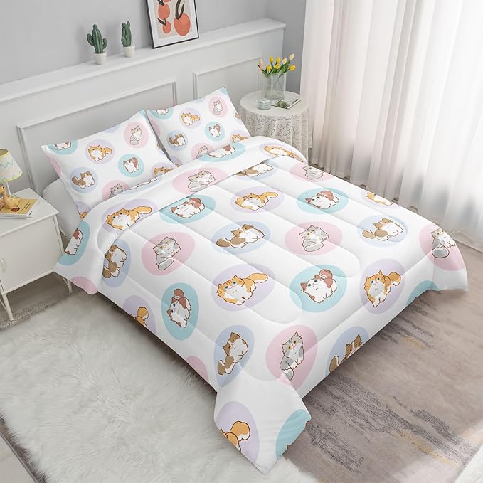 White Kawaii Cat Comforter Bedding Set for Girls Kitten White Print Cute Animal Pattern Bedding Set with 1 Comforter and 2 Pillowcases for Girls Bedroom All Season(Cat White Full)