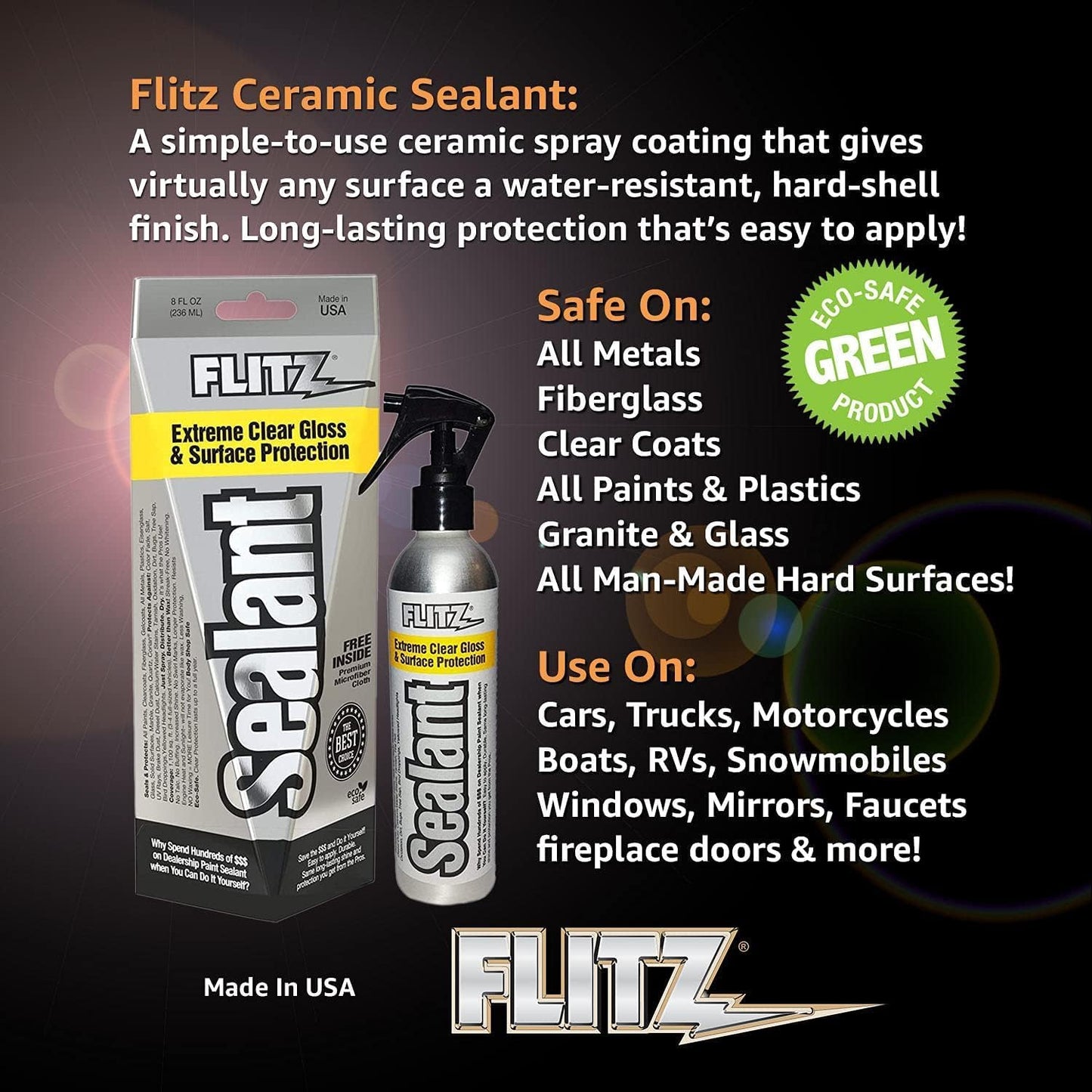 Flitz Ceramic Sealant - 8oz Bottle of USA-Made Ceramic Coating for Cars, Boats, Glass - Repels Water, Polishes, and Protects for 1 Year - Protection Car Spray (1 Pack)