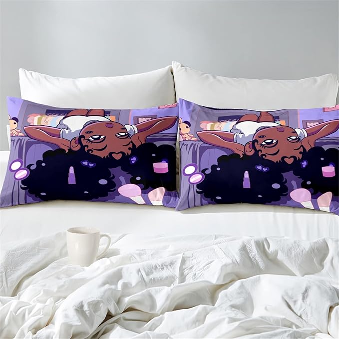 Black Girl Comforter for Full Size Bed, Purple African American Girl Full Bedding, Microfiber Soft 3 Piece Quilt Set, 1 Comforter + 2 Pillowcases