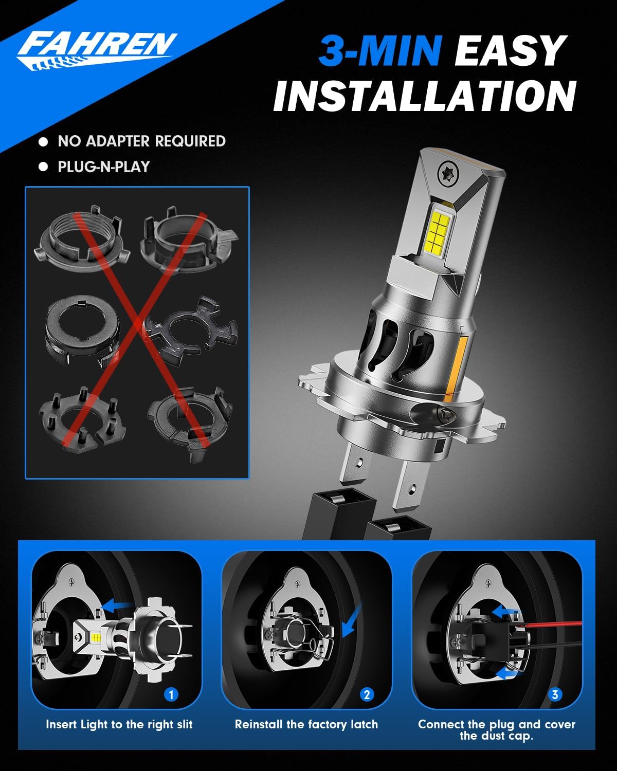 FAHREN H7 LED Light Bulbs, 30,000LM Super Brightness 1:1 Size No Adapter Needed Plug & Play, 6500k White with 16 CSP Chips, Canbus Ready Non-Polarity H7 Fog Bulb with Turbo Fan, IP68 Pack of 2