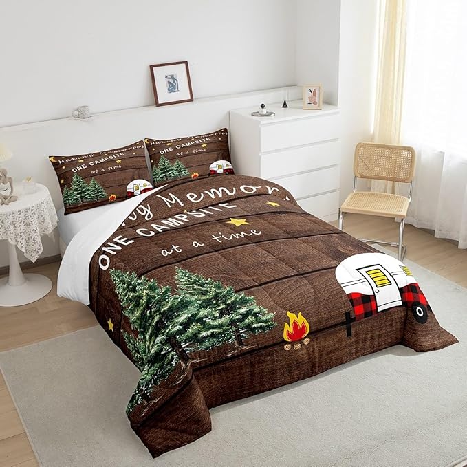 Camping Comforter King for Kids Boys Girls Adult Teens,Camper Bedding for Travel Trailers,Happy Camping Starry Sky Down Comforter Warm,Retro Barn Door Moon Stars Quilted Duvet with 2 Pillowcases