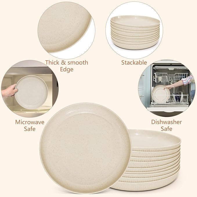 Wheat Straw Plates，9 inches Plastic Plates Set of 12, No BPAs and No Chemical Dyes (Beige)
