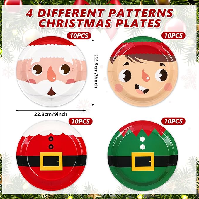 Whaline Christmas Paper Plates Santa Elf Disposable Plates Red Green Cute Xmas Dinnerware Plates Set 9 Inch for Winter Holiday Party Supplies Table Decor, 40Pcs