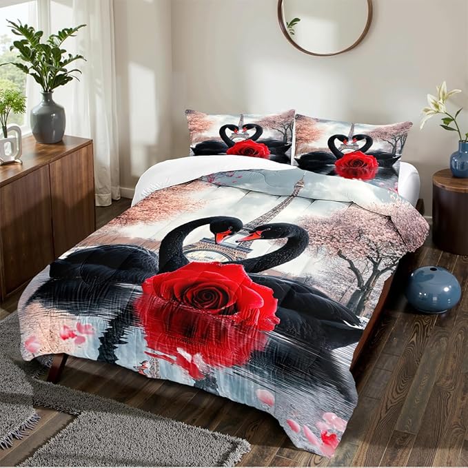 Swan Comforter Set Twin Size Couple Red Rose Bedding Set for Women Men Aesthetic Romantic Bedding Soft Down Alternative Comforter Sets for All Season Great Valentine's Day Bedroom Decor