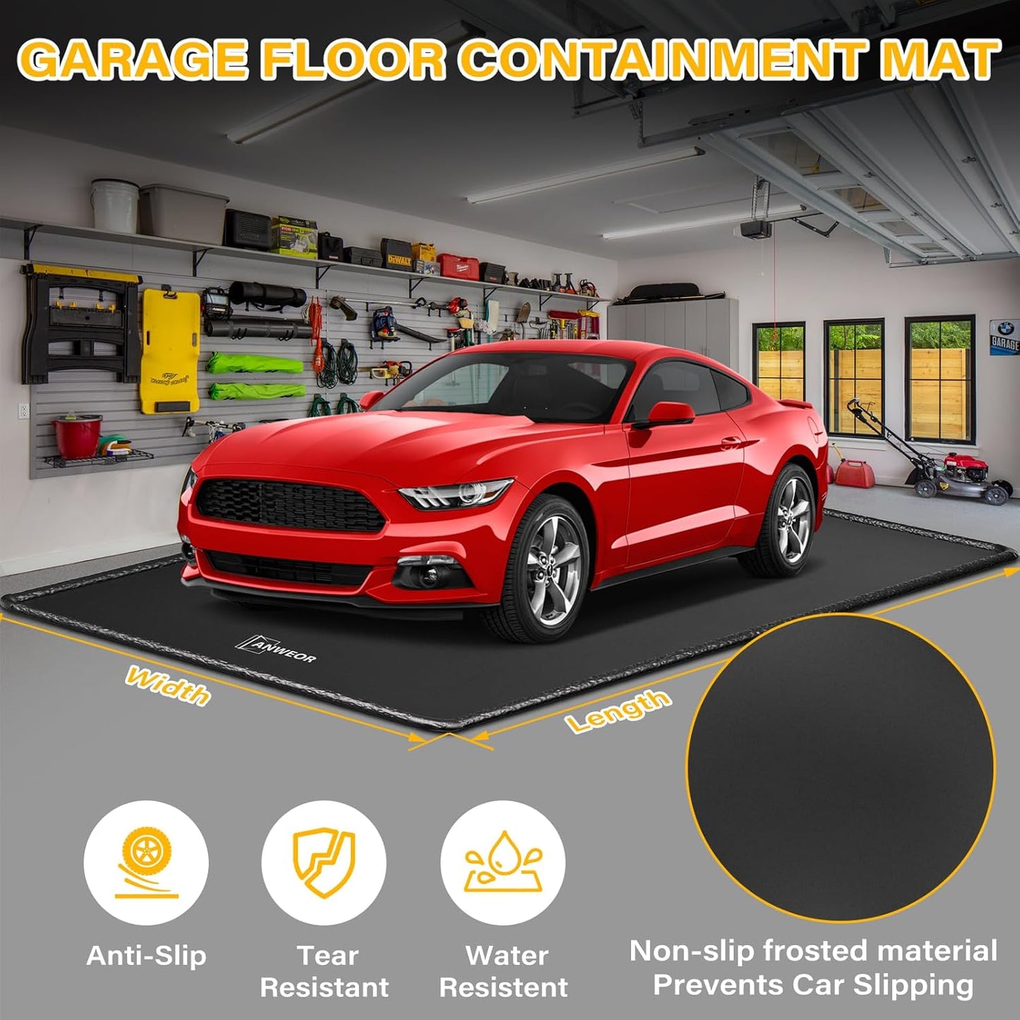 Garage Floor Mat 8'6" x 20' Upgraded Satin Finish Texture Non-Slip Containment Mat Waterproof Garage Floor Mat for Under Car Heavy Duty Protection Mat with Floor Squeegee for All Seasons