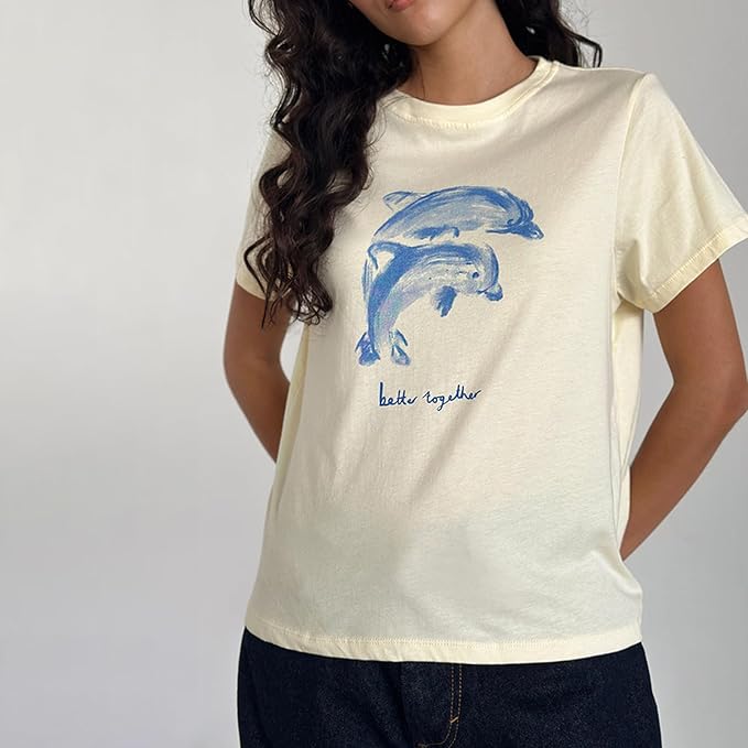 Y2k Womens Graphic Baby Tee Slim Fit Short Sleeve Crop Tops Funny Letter Animal Print Shirts 90s 2000s Streetwear