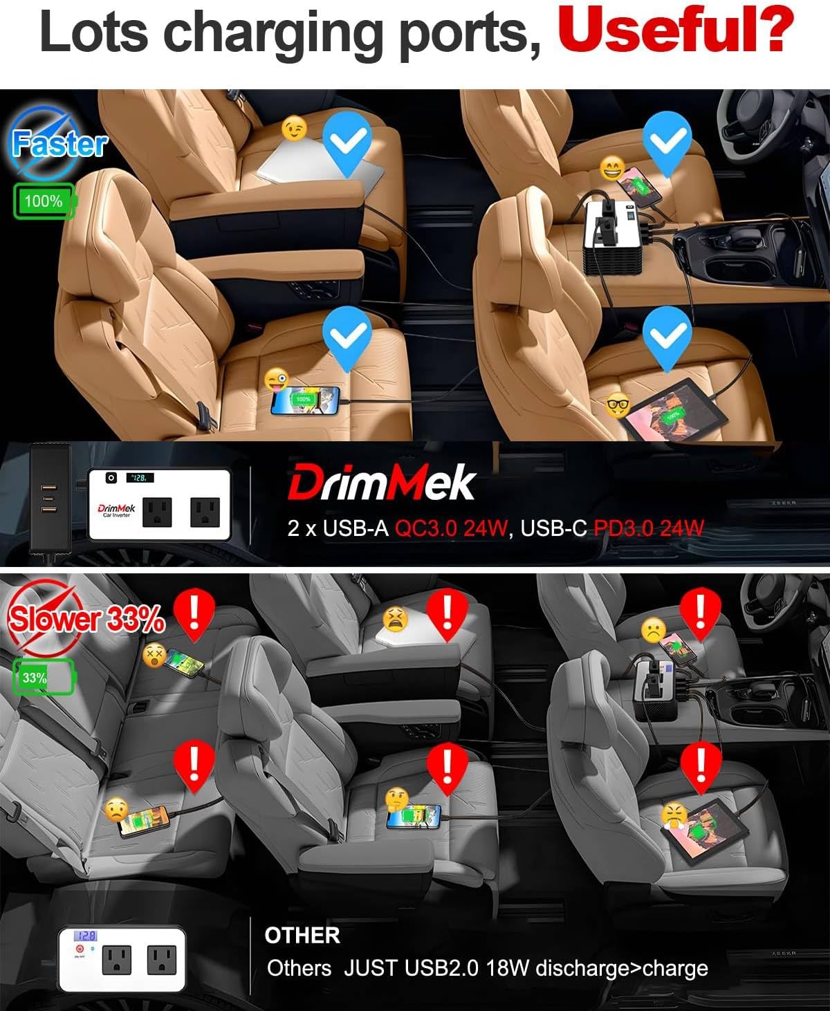 200W Car Power Inverter, Car Plug in Adapter Outlet DC Inverter 12V to 110V AC with 24W USB-C & USB-A Dual AC Outlet, PD/QC Fast Car Charger for Laptop, Vehicles, Road Trip Essentials, Camping