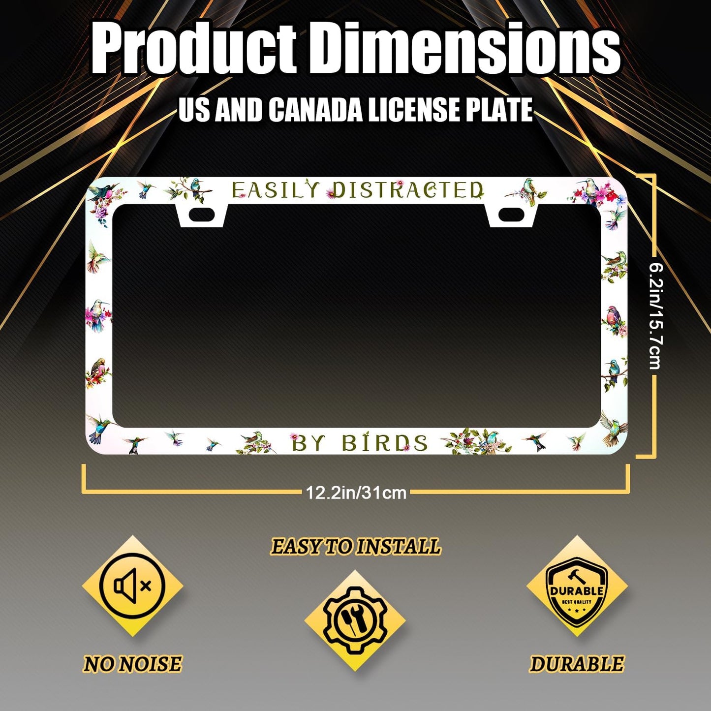 Easily Distracted by Birds License Plate Frame Funny Birds License Plate Holder Colorful License Plate for Car Decoration Stainless Steel Animal Auto Parts with Screws Men Women 12.3" x 6.3"