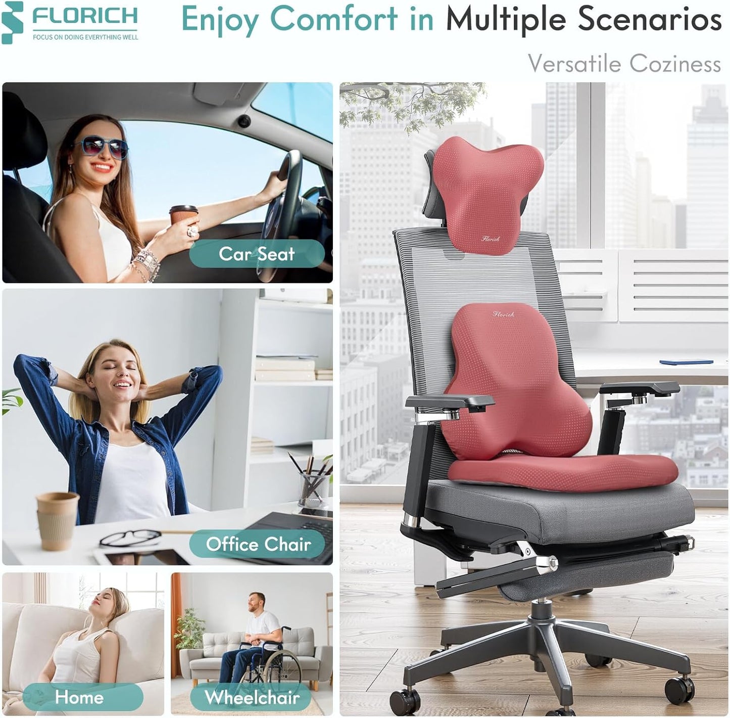 FLORICH Car Seat Cushion and Lumbar Support Pillow for Office Chair Car, Neck Headrest Pillow, Ergonomic Memory Foam, Pressure-Relieving Back Support for Car, Office Chair & Wheelchair – Red