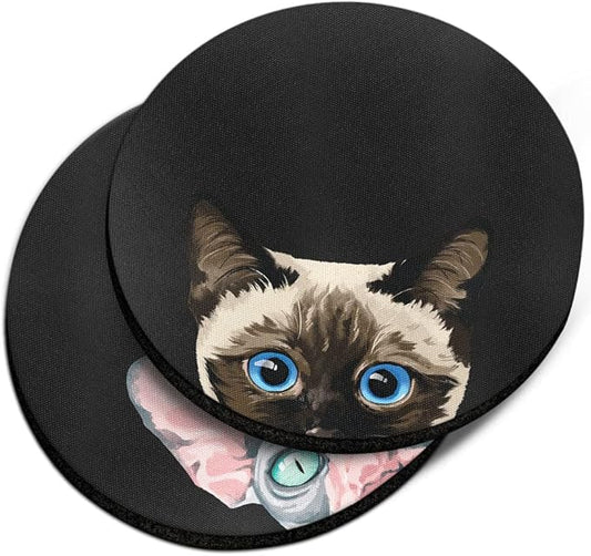 WIRESTER, Siamese Kitten Cat, Sphynx Kitten Cat Design Absorbent ROUND Fabric Felt Neoprene Car Coasters for Drinks (2.87 inches), 2pcs Set