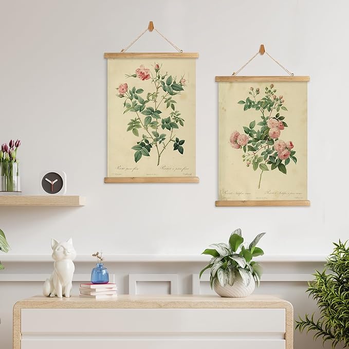 XIAOAIKA 2 Pack Vintage Rose Botanical Prints Poster - Antique Flower Illustrations with Wooden Scroll Frame - Elegant Wall Art for Home Decor, Garden Enthusiast, or Floral Designer 16 x 23 Inches