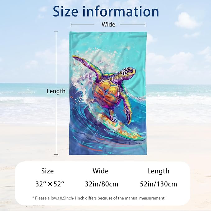 WZOMT Microfiber Turtle Beach Towel Oversized, Funny Sea Turtle Surfing Blue Ocean Pool Towel, Quick Dry Animal Print Bath Towel, Soft Absorbent Towels for Swim Travel Yoga Sports 32x52 Inch