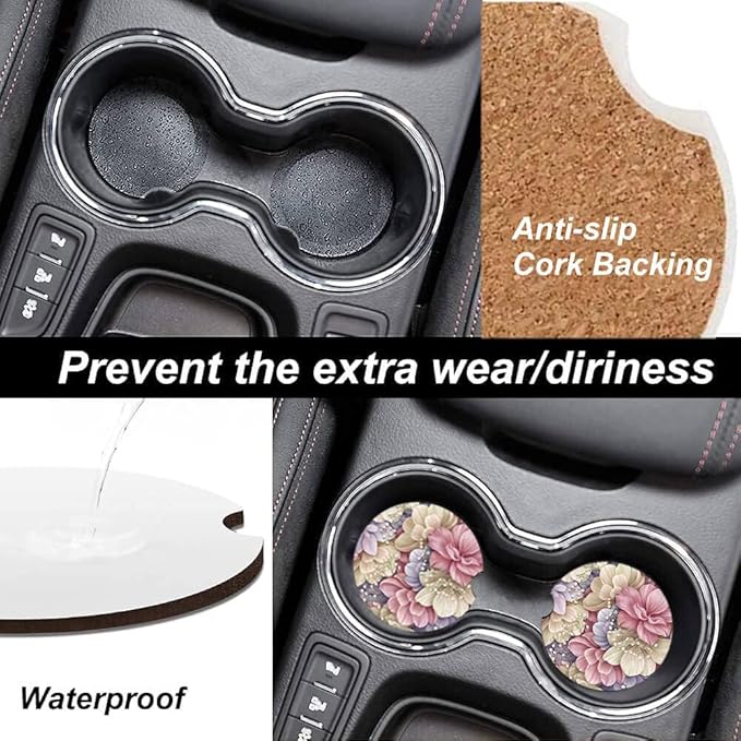 Absorbent Car Cupholder Coaster 2 Pack, Cute Car Coasters with a Finger Notch for Women & Men,2.56" Ceramic Stone & Non-Scratch Cork Base Drink Coasters, Cute Auto Accessories Gifts