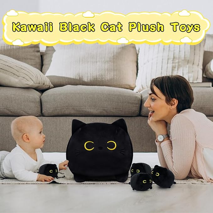 Black Cat Plush, Black Cat Stuffed Animals Cat Plushie Toy, Mommy Cat with 4 Baby Kittens Kawaii Birthday Gifts for Kids Boys Girls