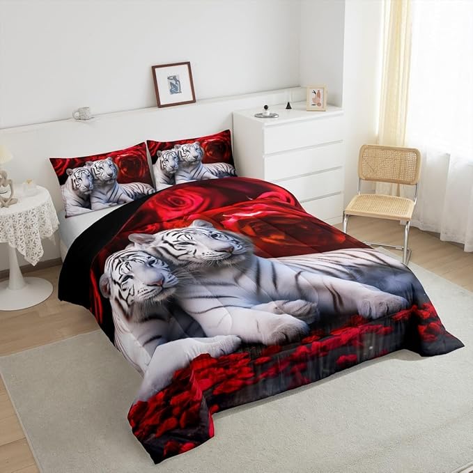 Tiger Red Rose Comforter Set, King Size, Red & Brown Floral Quilted Duvet Insert