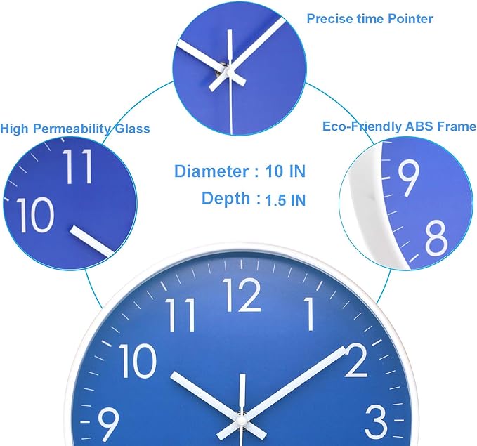 Wall Clock Battery Operated Indoor Non-Ticking Silent Quartz Quiet Sweep Movement Wall Clock for Office, Bathroom, Living Room Decorative 10 Inch Dark Blue