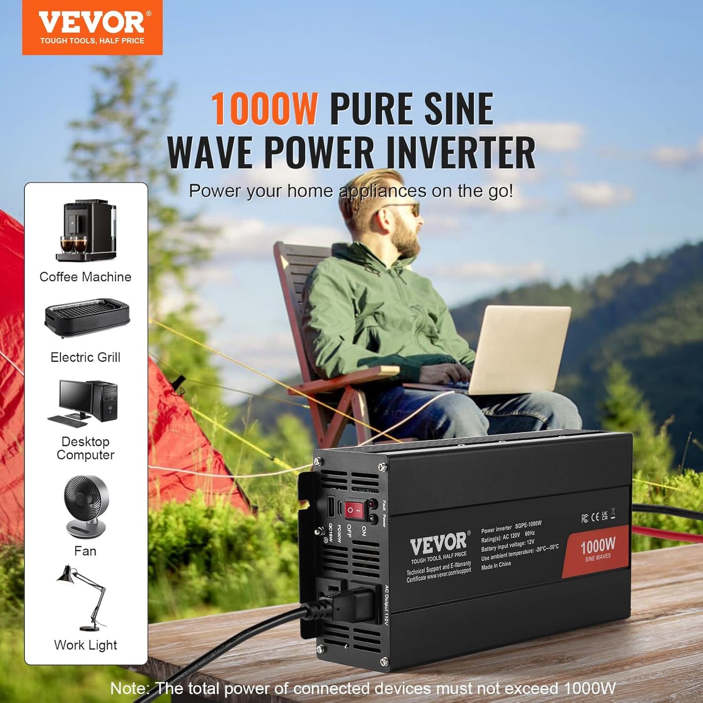VEVOR 1000W Pure Sine Wave Inverter, DC 12V to AC 120V Power Inverter with 2 AC Outlets 1 USB Port 1 Type-C Port, Remote Control for Small Home Devices Like Smartphone Laptop, CE FCC Certified