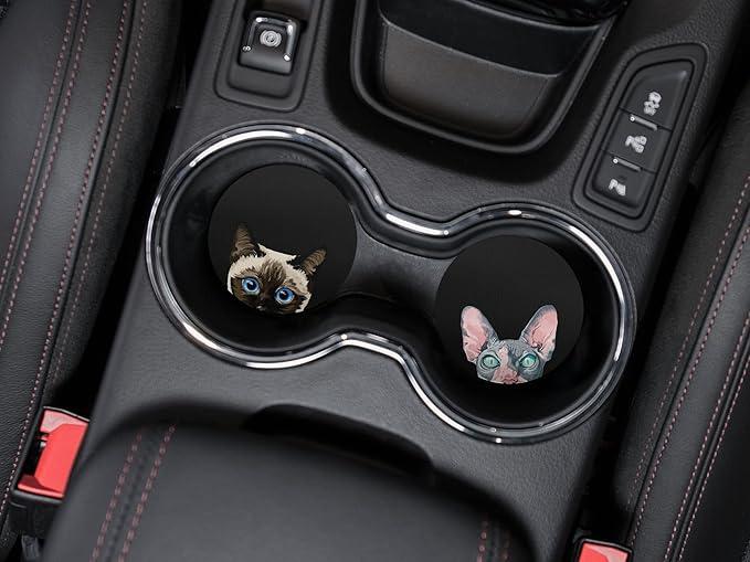 WIRESTER, Siamese Kitten Cat, Sphynx Kitten Cat Design Absorbent ROUND Fabric Felt Neoprene Car Coasters for Drinks (2.87 inches), 2pcs Set